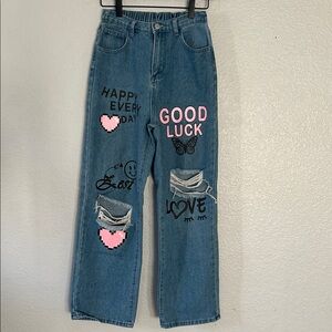 SHEIN Kids Blue Jeans with Pink and Black Accents